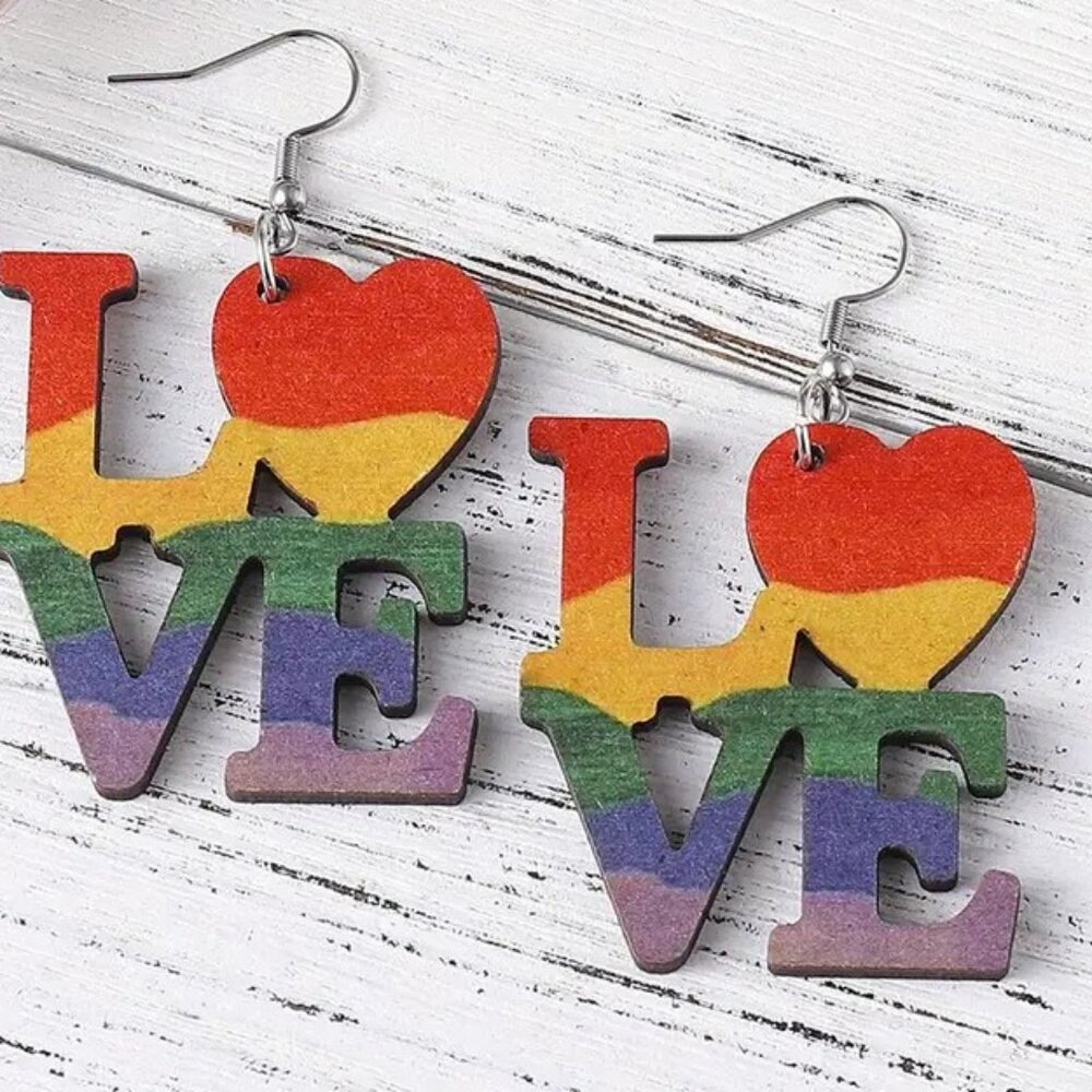 NEW Retro LOVE Rainbow Pride LGBTQ Wooden Earrings